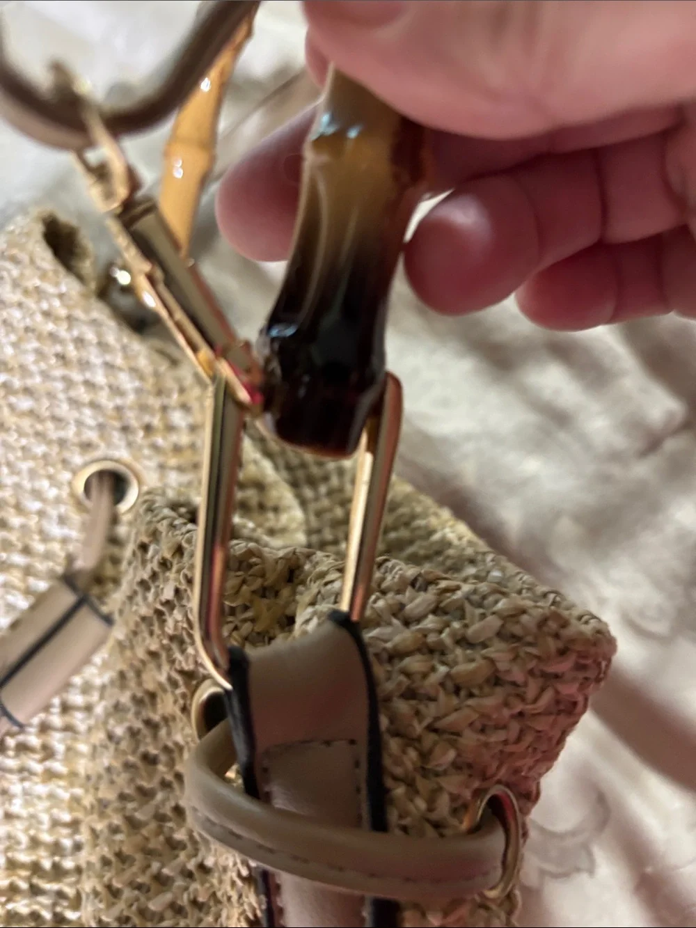 Woven Straw Crossbody Bag with Bamboo Handle - Taupe